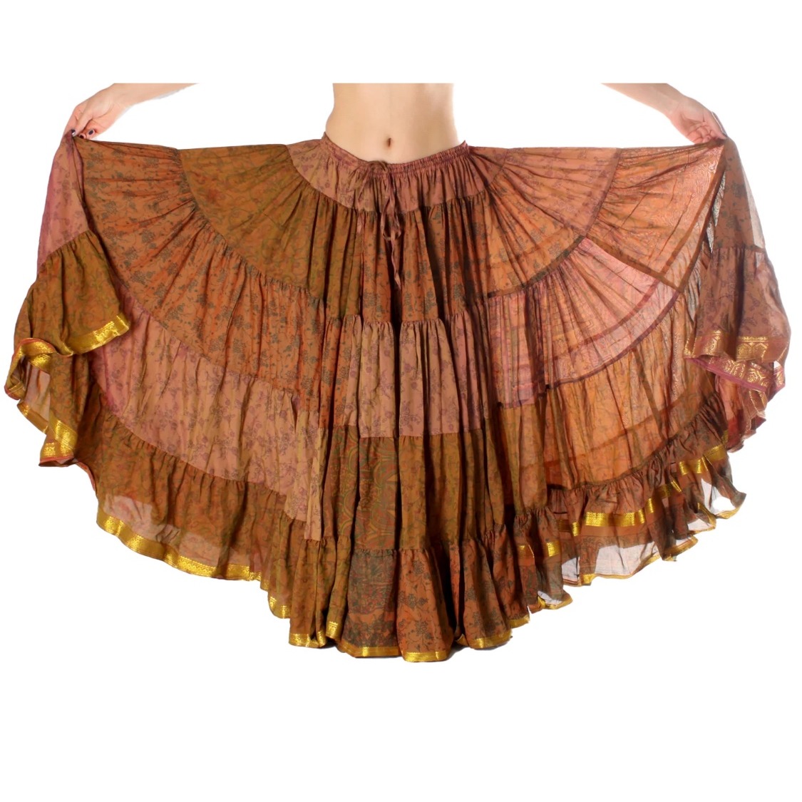 La Gitana Silk Maxi Skirt Tiered Patchwork Iridescent Boho Hippie Gold Trim